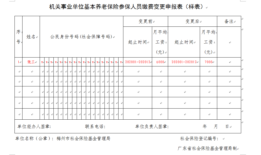 機關事業(yè)單位基本養(yǎng)老保險參保人員繳費變更申報表（樣表）.png