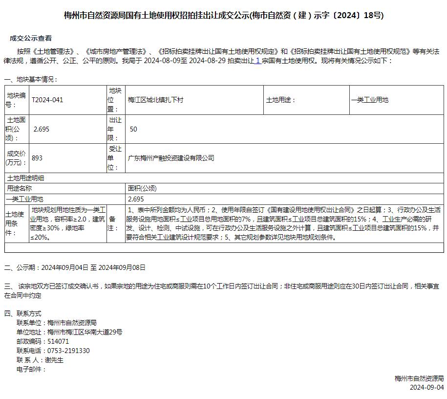 梅州市自然資源局國有土地使用權(quán)招拍掛出讓成交公示(梅市自然資（建）示字〔2024〕18號).jpg